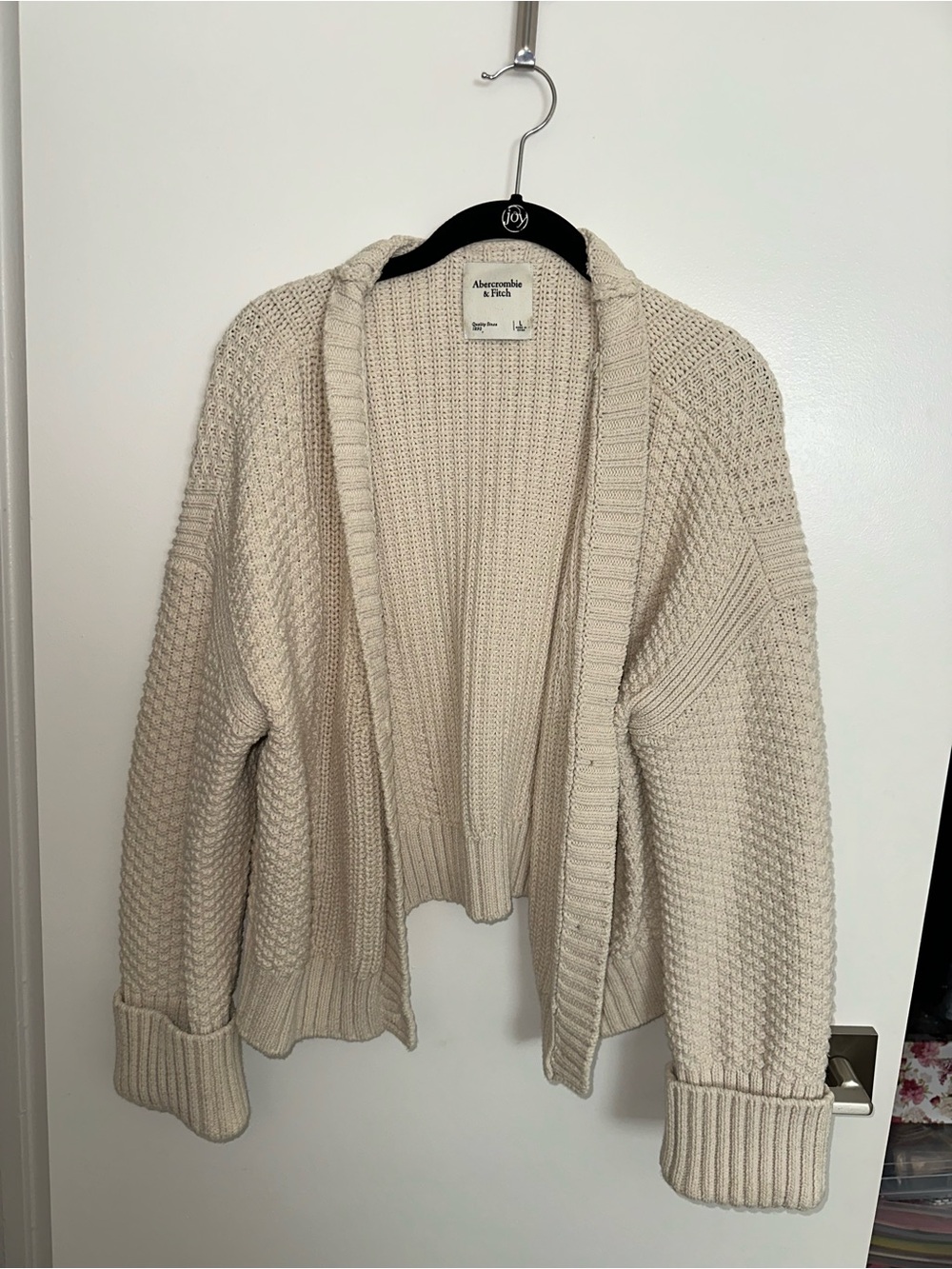 Abercrombie & Fitch Beige Open-Front Textured Knit Cardigan